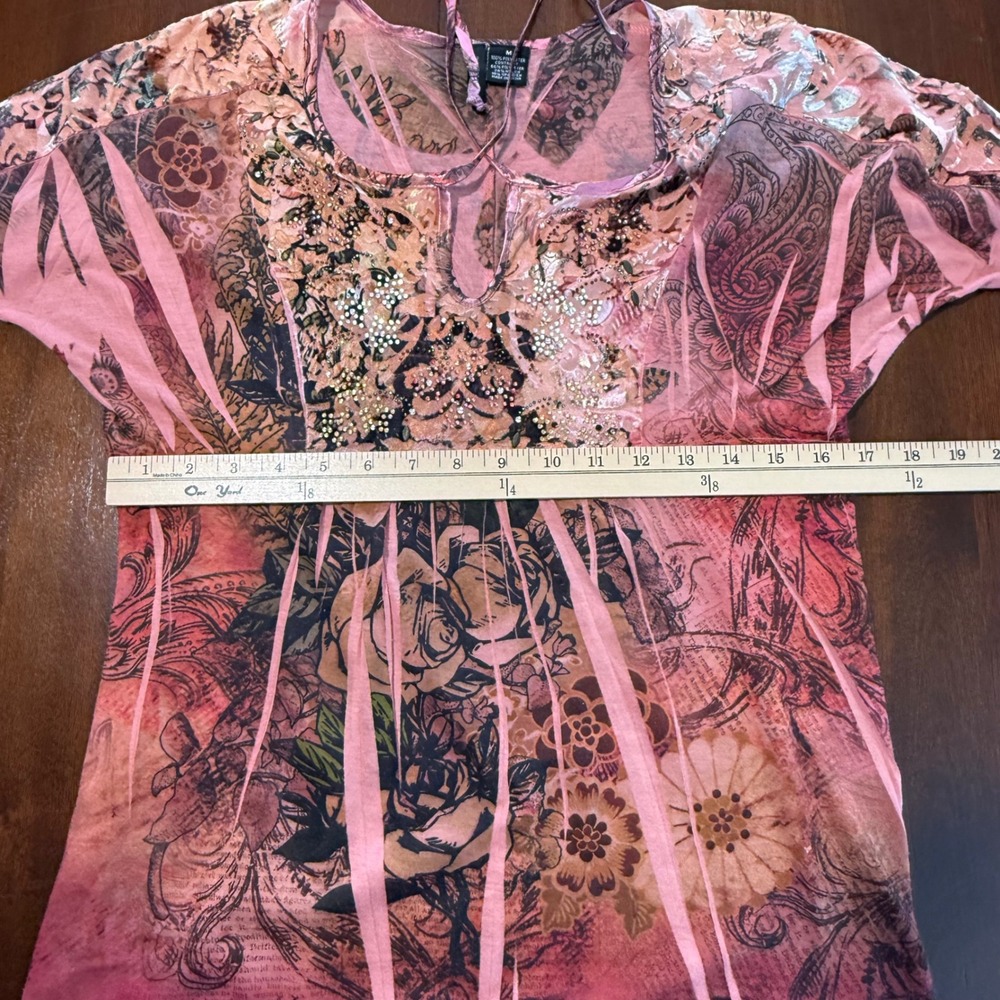 Womens Y2K Babydoll Fairy Grunge Top M Pink Velvet Burnout Panels Bling Whimsy - Picture 10 of 11